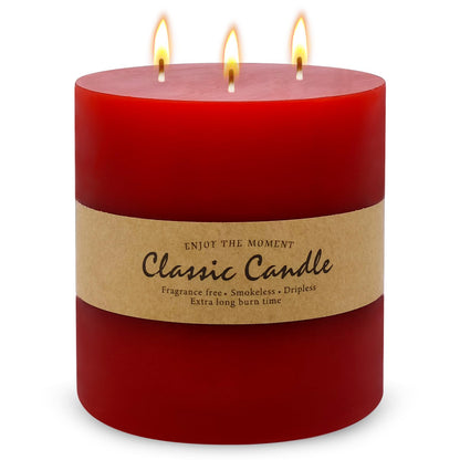 3 Wick Red Extra Large Pillar Candle, 6" x 6", Unscented, Dripless, Smokeless, and Clean-Burning. Approx. 120 Hours of Burn Time. Perfect for Weddings, Dinners, Christmas and Home Decor