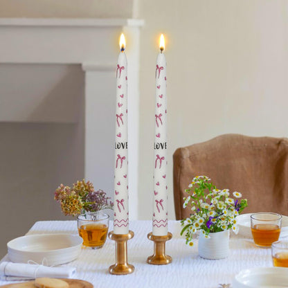 Pink Bow Heart Taper Candles -2 Pcs Unscented 10 Inches Long Candlesticks Flower Print Tapered Candle for Home Party Wedding Restaurant Holiday Decor