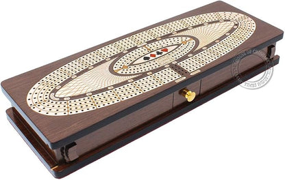 House of Cribbage - Continuous Cribbage Board/Box Inlaid in Wenge Wood/Maple : 4 Track - Sliding Lids Drawer &amp Metal Pegs with Score Marking Fields for Skunks Corners and Won Games