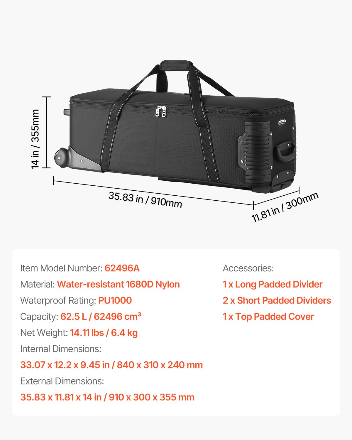 VEVOR Studio Equipment Trolley Case, 35.83 x 11.81 x 14 in / 91 x 30 x 35.5 cm, Rolling Camera Bag, Carrying Bag with Wheels Straps Padded Compartment Handle, for Light Stands, Tripods, Telescopes
