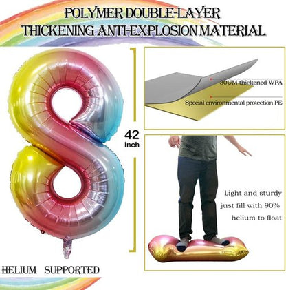 GOER Rainbow Foil Number 8 Balloons - Huge 42" & 32" Birthday Party Decorations (3 Pcs)