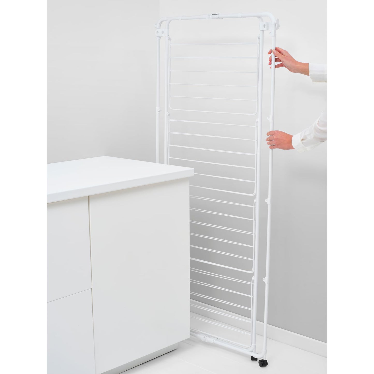 Brabantia HangOn Tower Clothes Drying Rack with Wheels | 98ft (30m) | White | Tall 3-Tier Indoor Clothes Airer with Adjustable Shelves for Towels, Folds Flat to Save Space | Fits 3 Full Loads