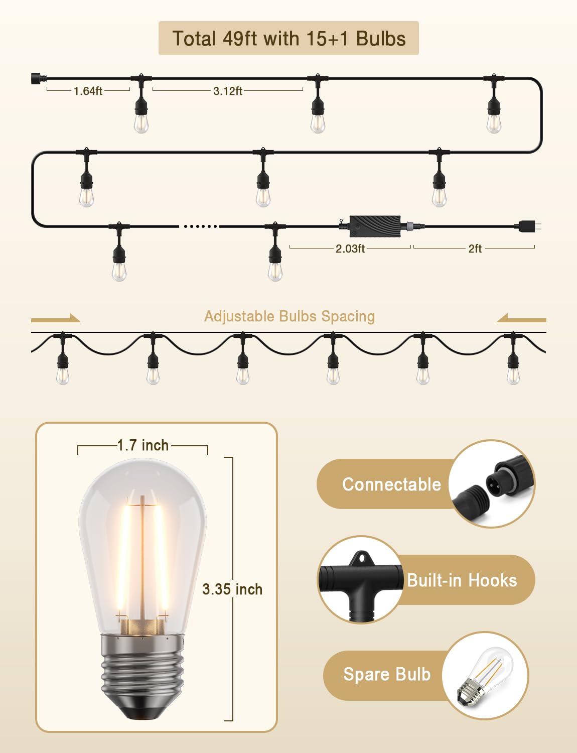 XMCOSY+ Smart LED String Lights for Outside 144Ft with 45 Dimmable Edison Bulbs Waterproof Shatterproof