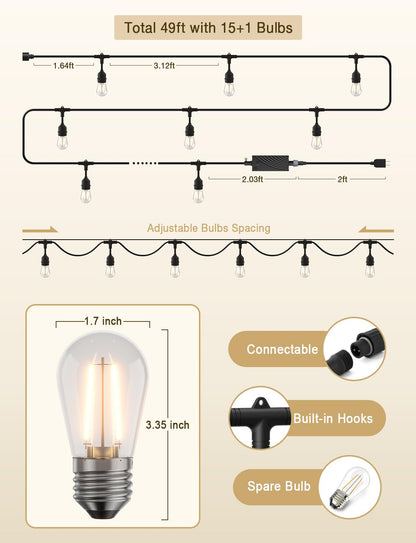 XMCOSY+ Smart LED String Lights for Outside 144Ft with 45 Dimmable Edison Bulbs Waterproof Shatterproof