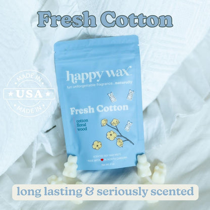 Happy Wax Fresh Cotton Scented Bear Wax Melts - Natural Strong Scented Fresh Infused w/Essential Oils - Non Toxic & Pet Safe - (8 oz Pouch)