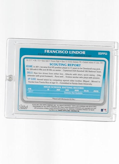 Francisco Lindor 2011 Bowman Draft Prospects Baseball Rookie Card #BDPP53 - Stored in a Protective Plastic Display Case!!