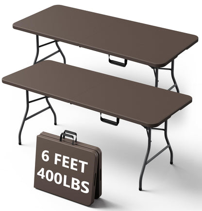 MAKE CHANGES 6FT Folding Table, Heavy Duty Plastic Fold-in-Half Utility Table with Handle, Portable Camping Picnic Table with Steel Legs for Indoor Outdoor Party, Dining, Brown,2 Pack