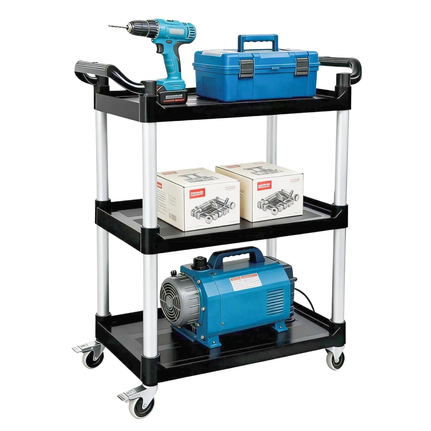 Ufriandz 3 Tier Heavy Duty Rolling Utility Cart with Strong Wheels and Handle 600lbs Load Capacity Plastic Serving Cart for Food Commercial Garage Restaurant Kitchen, Black Storage Shelf