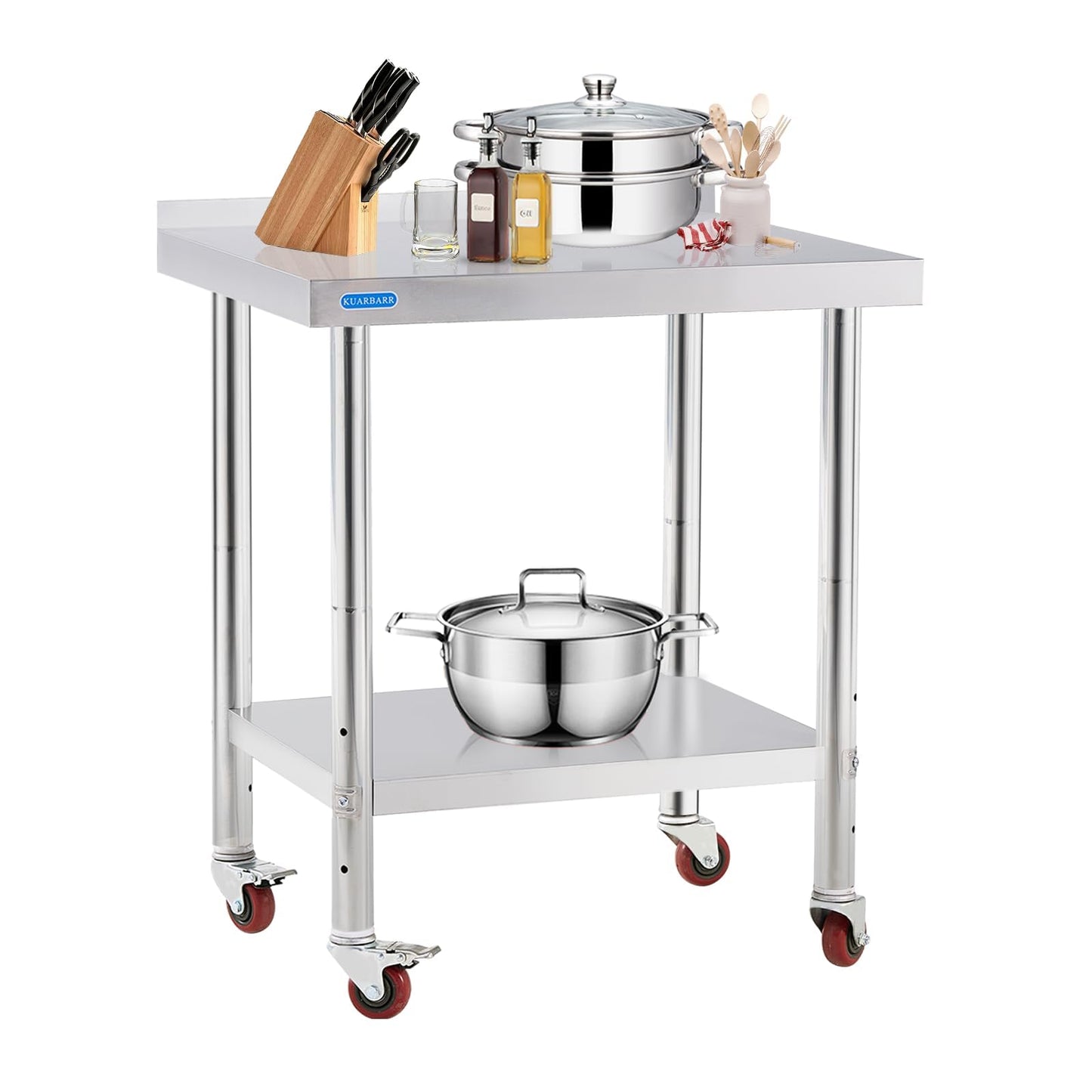 KUARBARR Stainless Steel Table for Prep & Work with 4 Caster Wheels with Backsplash 24 x 30 NSF Metal Commercial Kitchen Adjustable Under Shelf Worktable for Restaurant Home Outdoor