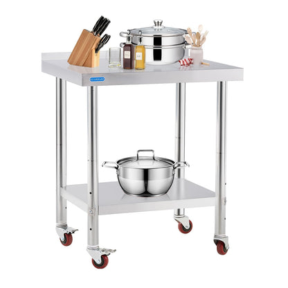 KUARBARR Stainless Steel Table for Prep & Work with 4 Caster Wheels with Backsplash 24 x 30 NSF Metal Commercial Kitchen Adjustable Under Shelf Worktable for Restaurant Home Outdoor
