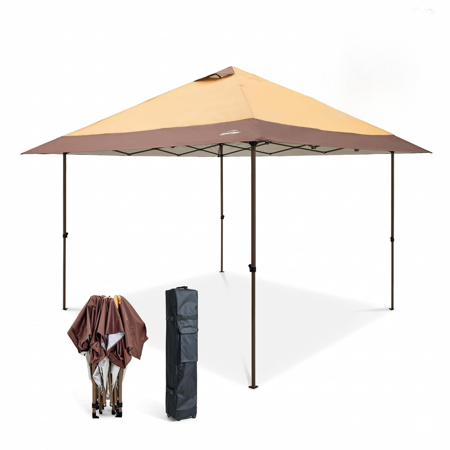 OUTDOOR LIVING SUNTIME 13x13 Instant Easy Pop Up Canopy,Portable Commercial Gazebo Camping Gazebo Tent Shelter with Wheeled Roller Carry Bag, Bonus Weight Sandbags, Stakes, Ropes -Khaki
