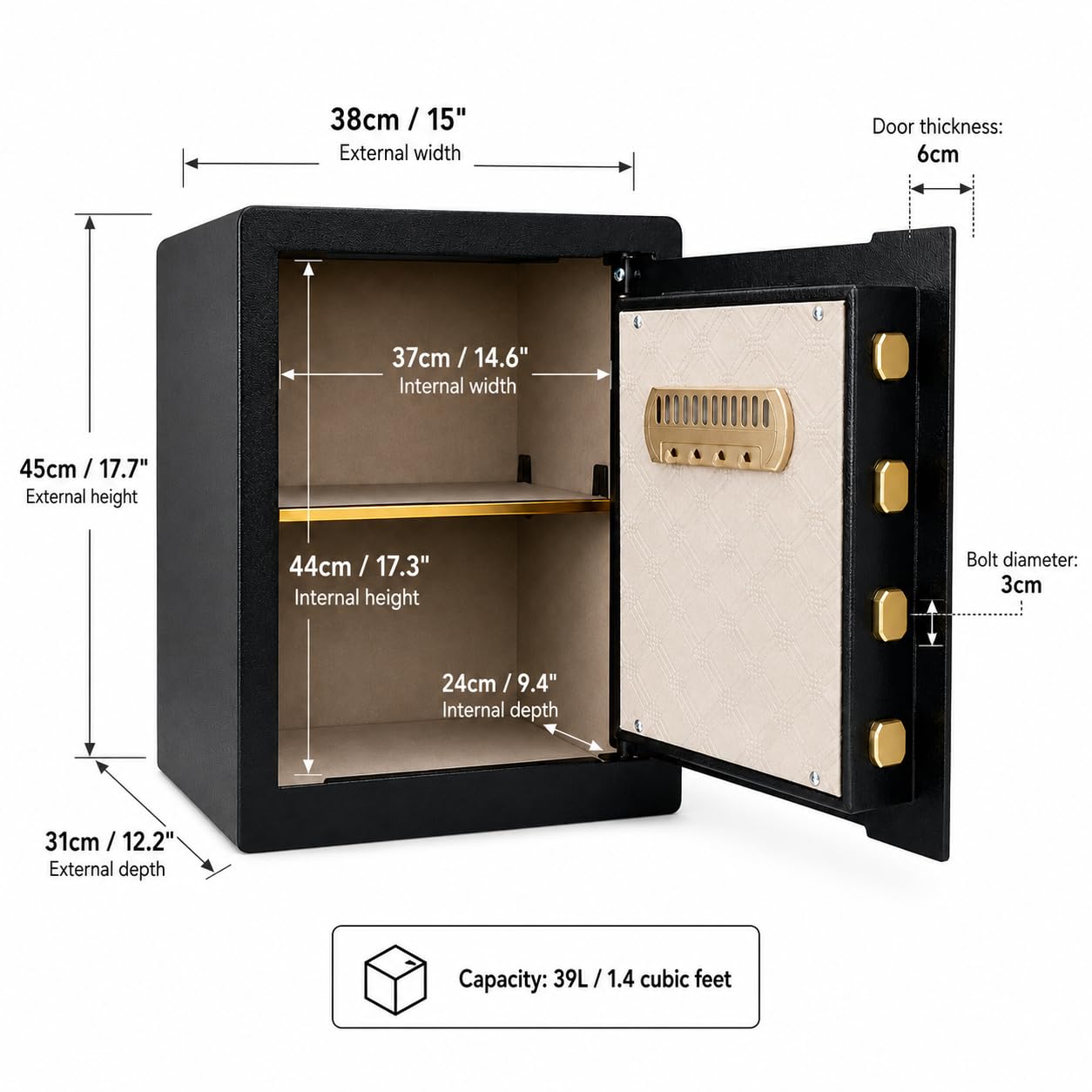 Safe Box, 17.7" Tall 1.4 Cubic Feet 2-Layer Home Office Safe, Security Cabinet Safe for Money Cash Valuables, Digital Electronic Keypad, Dual Alarm System, Removable Shelf