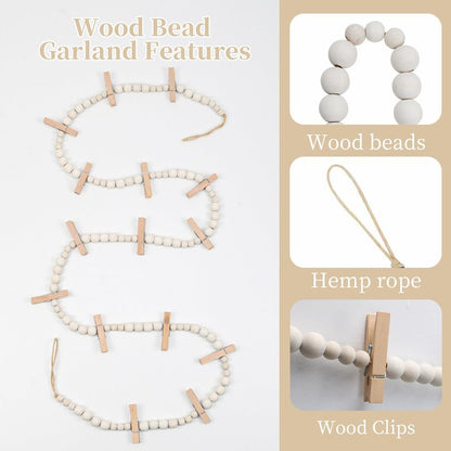 3PCS Hanging Photo Display with 45 Clips, 67 Inch Boho Wooden Bead Garland Photo Banner, Kids Art Display Collage Picture Postcard Display, Photo String for Bedroom Dorm Cubicle Wall Decor Teen Gifts