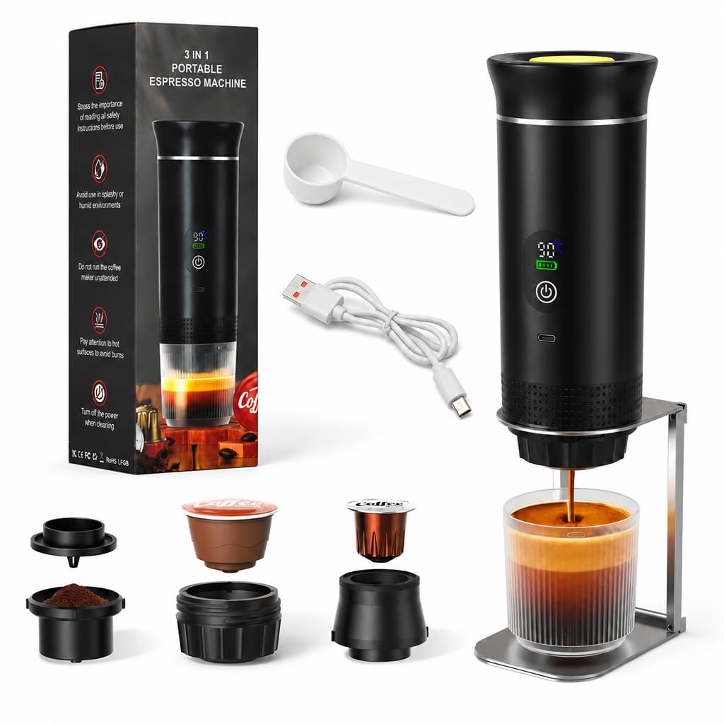 Portable Espresso Maker and Metal Stand Set, Self-Heating Travel Coffee Machine, Rechargeable Coffee Maker with Digital Display, 3-in-1 for Ground Coffee & Capsules, Camping RV Office