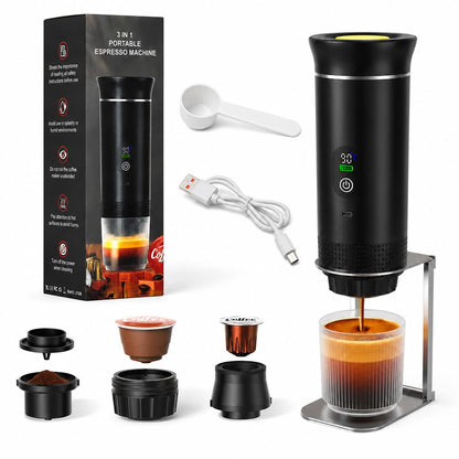 Portable Espresso Maker and Metal Stand Set, Self-Heating Travel Coffee Machine, Rechargeable Coffee Maker with Digital Display, 3-in-1 for Ground Coffee & Capsules, Camping RV Office
