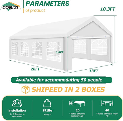 COBIZI 13x26 Party Tent Heavy Duty Waterproof(Better Than Galvanized), Outdoor White Gazebo Event Shelter Wedding Canopy for Parties BBQ Commercial with Removable Sidewall Windows, Powder Coating