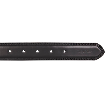 Nautica Men Bold Fashion and Dress Leather Belt with Metal Buckle, Logo Inlay Double Stitch-Black, 36"