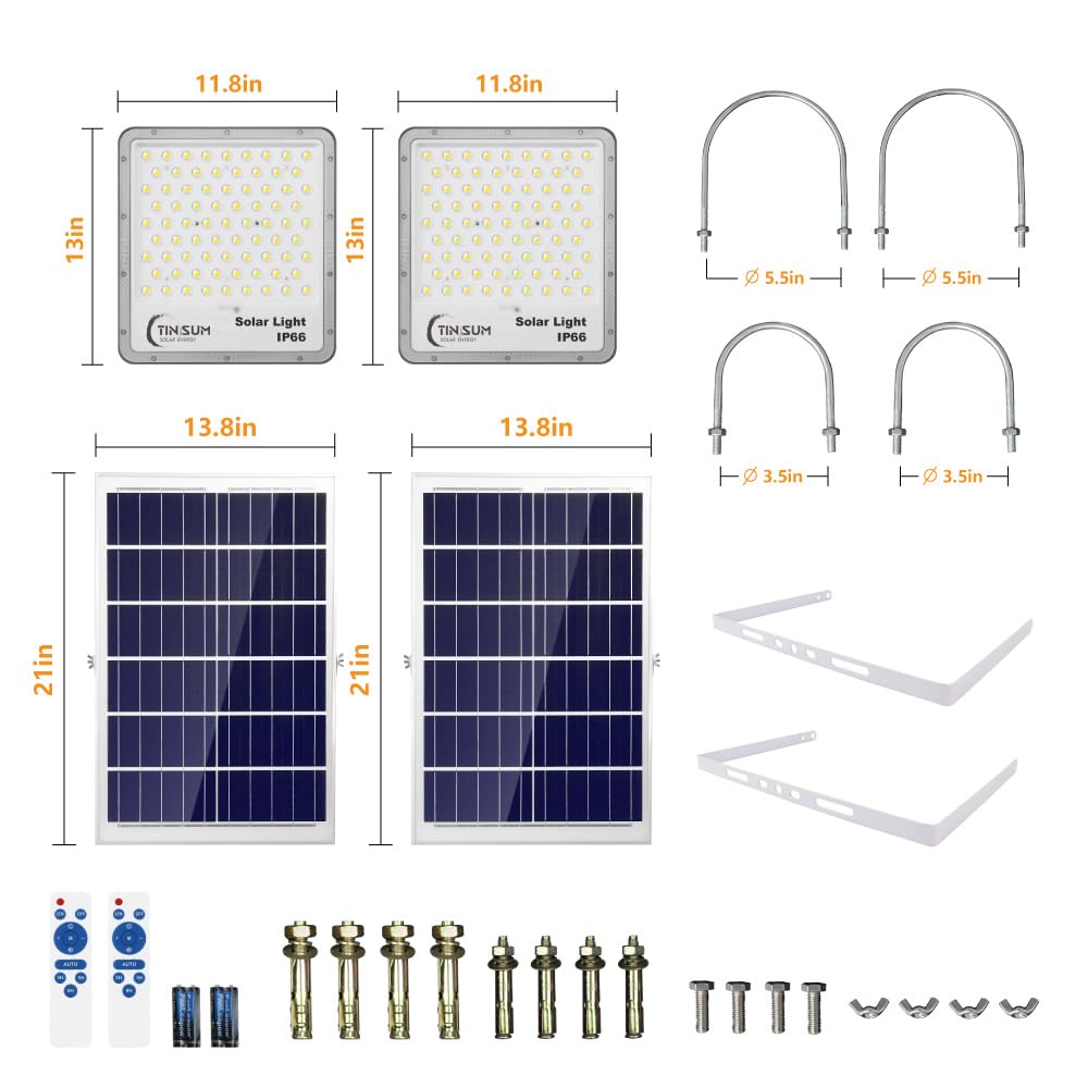 TINSUM Solar Flood Lights Outdoor, 2 Pack 600w Solar Street Light IP67 Waterproof 32000LM White LED Dusk to Dawn Security Commercial Lighting for Parking Lot,Stadium,Patio,Barn,Garage,Pathway