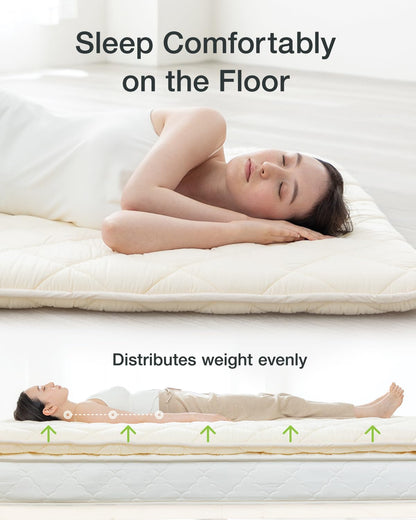 FULI Japanese Futon, Twin XL Size, White - Foldable Shikibuton Floor Bed - Medium Firm Quilted Cotton Sleeping Pad, Portable Roll-Up Japanese Floor Bed for Guests & Small Spaces