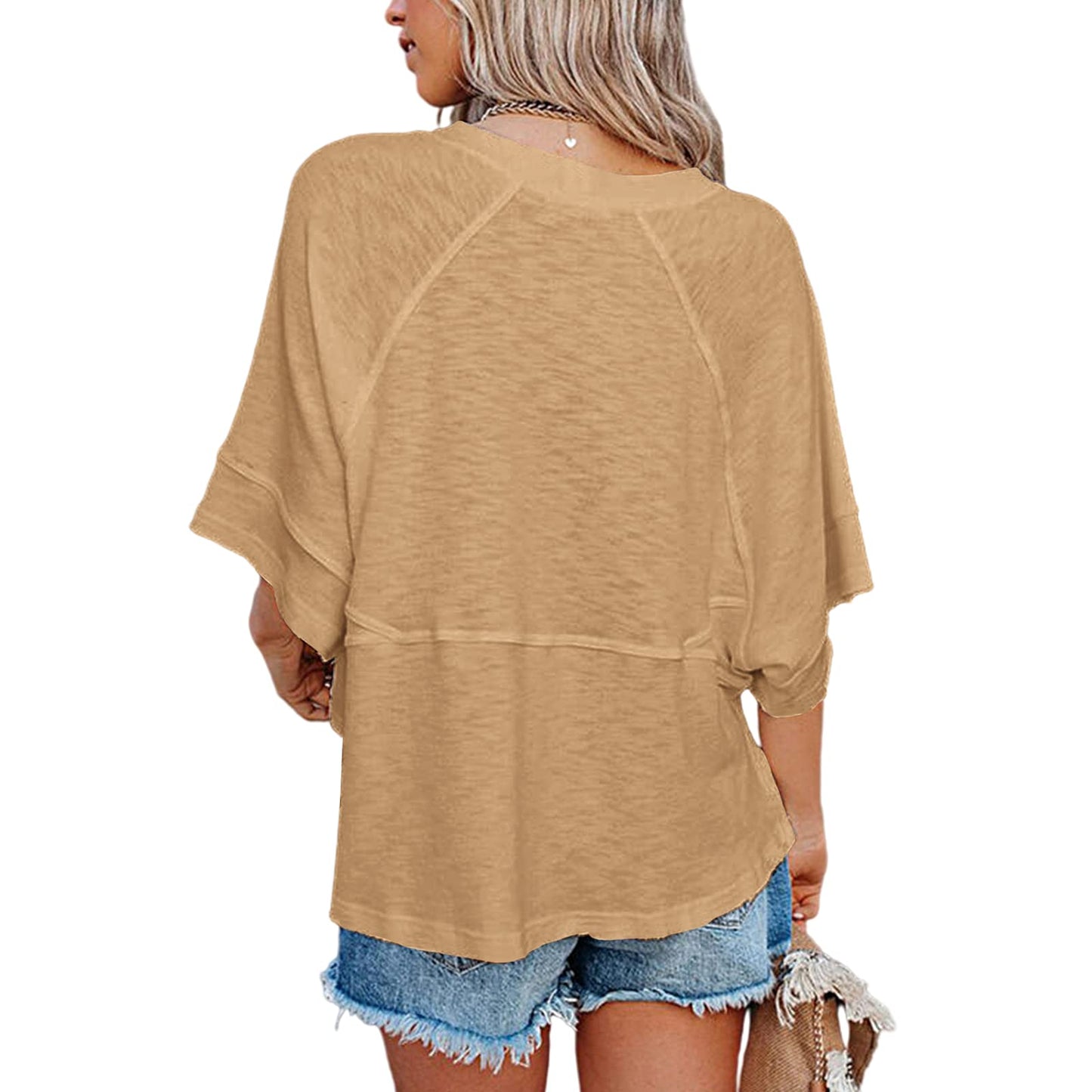 Sovelen Women's Summer Casual Crewneck Batwing Half Sleeve T-Shirts Loose Fit Basic Tee Tops Khaki