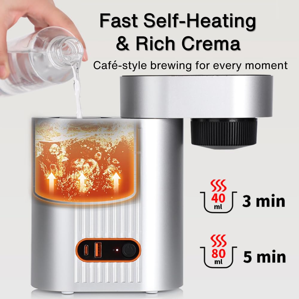 Hxro Portable Espresso Coffee Maker, 20 Bar, 80ml Stainless Steel Water Tank, Rechargeable Espresso Machine for Capsule & Ground, Compact Coffee Machine for Travel RV Car Camping (Silver(13500mAh))