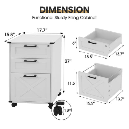 Onelike Small Wood File Cabinet with Lock, Nightstand with Charging Station, 3 Drawer Under Desk Lateral Filing Cabinets for Home Office, Printer Stand with Storage, White