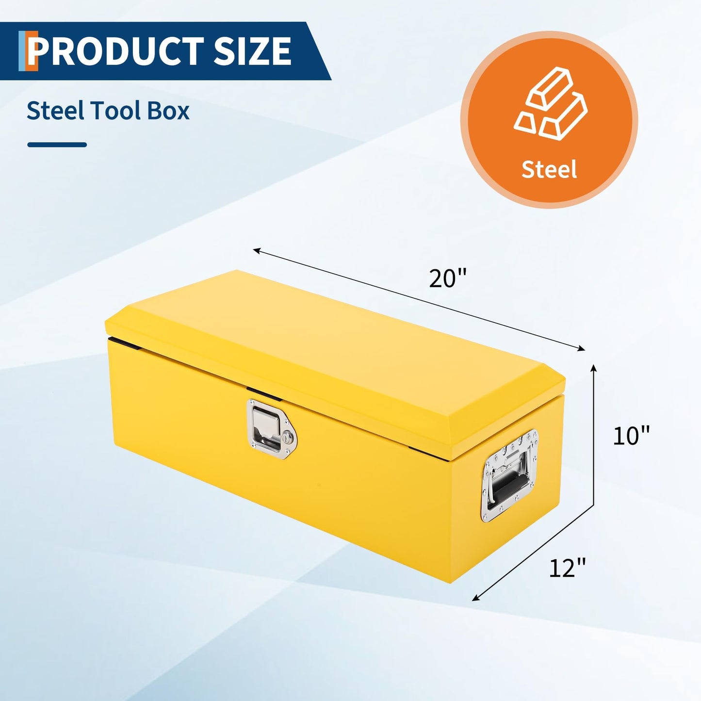 Heavy Duty Steel Truck Bed Tool Box, Powder-Coated Diamond Plate Storage Chest with Side Handle & Lock, Durable Metal Toolbox Organizer for Pickup, RV, Trailer, Mechanic or Workshop - 20X12X10 in