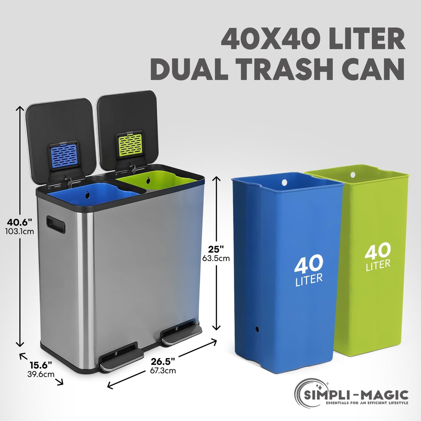SIMPLI-Magic 21 Gallon (80L) Dual Compartment Kitchen Trash Can - Hands-Free Step Pedal, Soft-Close Lid, Stainless Steel Recycling Bin with Odor Filter (40L + 40L)