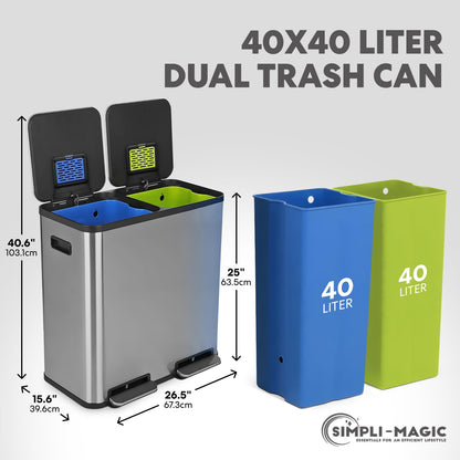 SIMPLI-Magic 21 Gallon (80L) Dual Compartment Kitchen Trash Can - Hands-Free Step Pedal, Soft-Close Lid, Stainless Steel Recycling Bin with Odor Filter (40L + 40L)