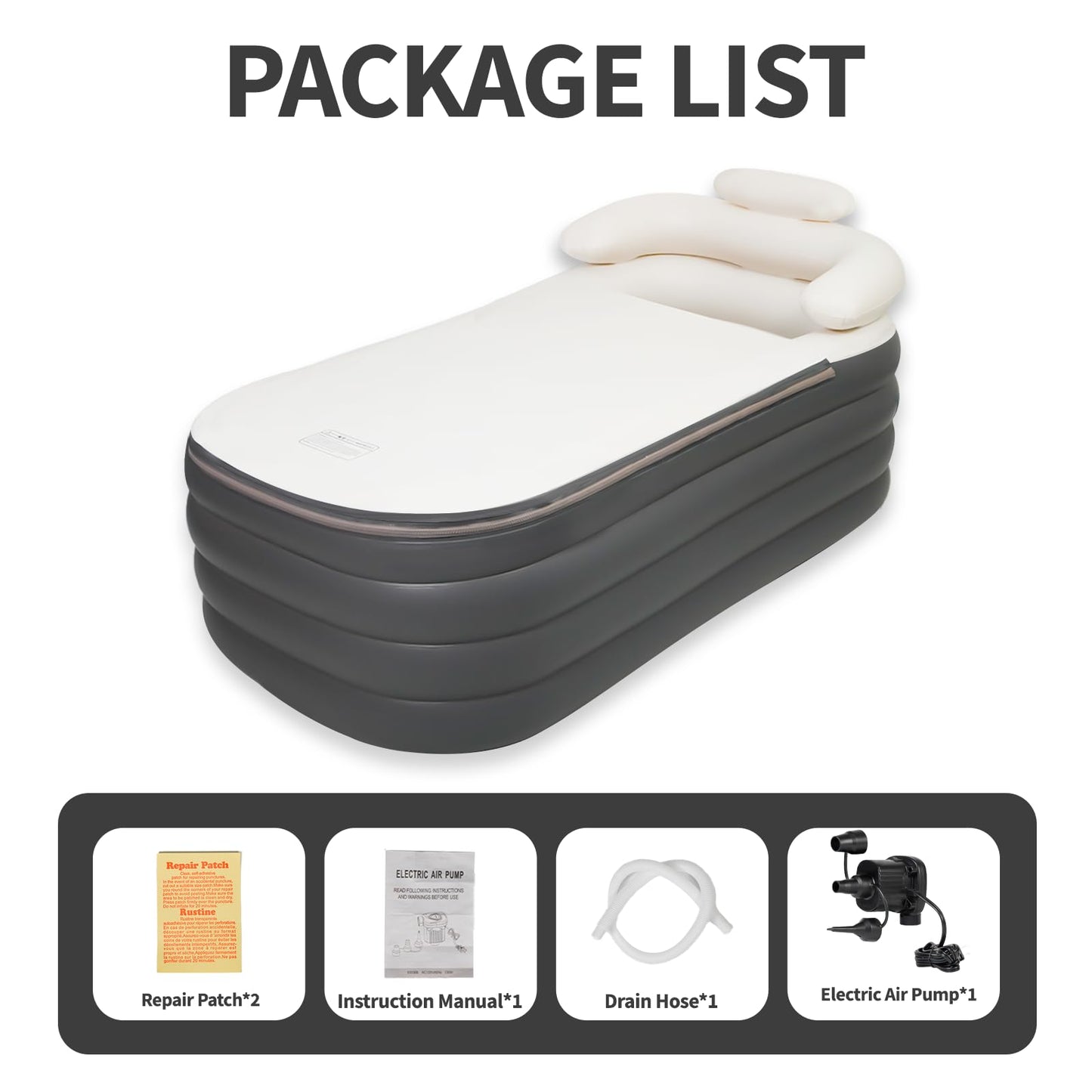Crossing King Inflatable Bathtub, Portable Bathtub Adult with Electric Air Pump, Freestanding Foldable Spa Tub with Backrest Cup Holder for Indoor Outdoor, Easy to Inflate＆Drain (Gray)