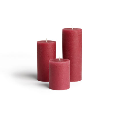 BASK Mottled Pillar Candles - Unscented Burgundy Candles Set of 3 - Dripless, Smokeless for All Occasions