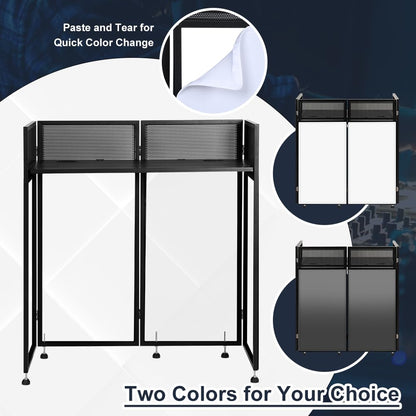 Kokorona Portable DJ Booth 43"L x 20"W x 45"H, DJ Facade Booth with Black & White Scrims, Folding DJ Booth for Party, DJ Facade Table Booth with Cable Hole, Black Metal Frame + Carry Bag