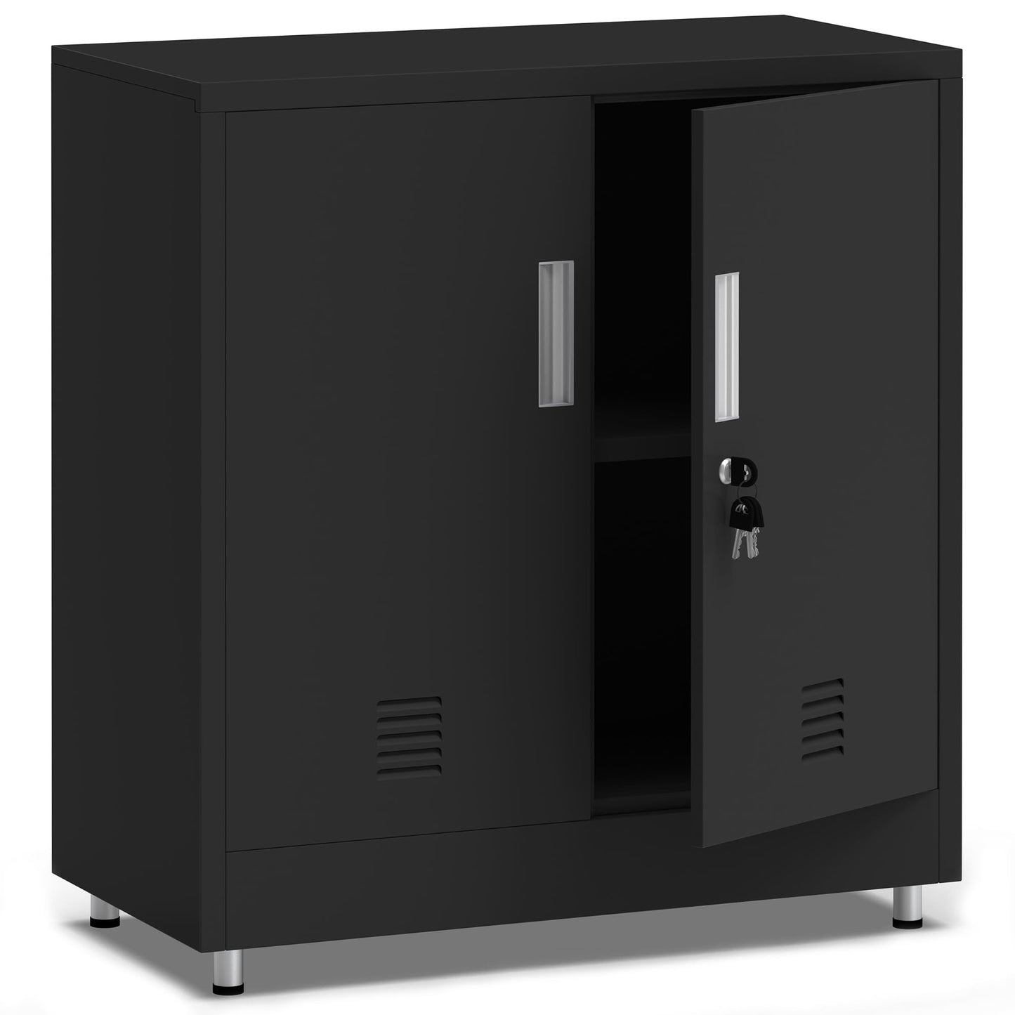 JINKUR Metal Storage Cabinet with Locking Doors and Adjustable Shelf, Small Lockable Sideboard Buffet Cabinet for Home, Office, Entryway, Hallway, Living Room, Kitchen and Dining Room (Black)