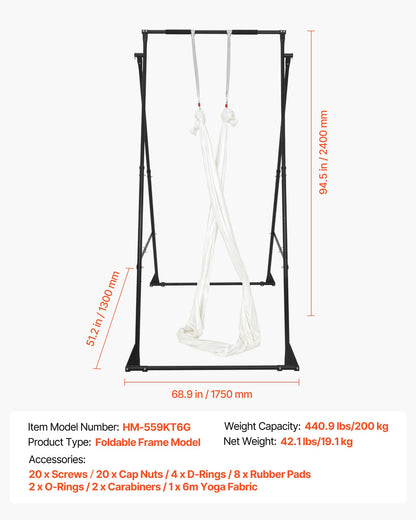 VEVOR Yoga Stand Frame, Max 440.9 lbs Load Swing Stand, Triangular Structure Aerial Rig, Aerial Silk Stands with EVA Foam & 6.6-Yard Yoga Hammock, 4-Level Horizontal & 6-Level Vertical Adjustment