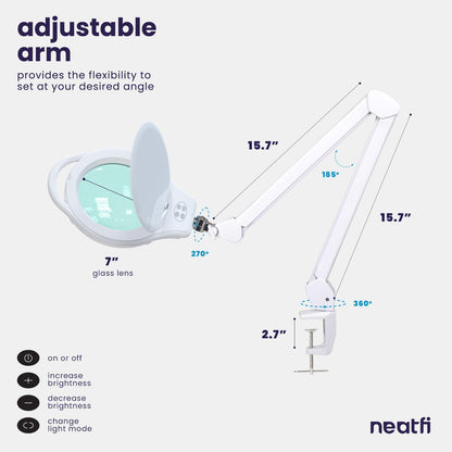 Neatfi Elite XL HD LED Magnifying Lamp | 7-Inch Lens | 1.75X + 4X Magnification | Dimmable | 3 Light Modes (3000K / 4000K / 6500K) | Adjustable Arm | Glare-Free (White-2, 7-inch Lens, CCT with Clamp)