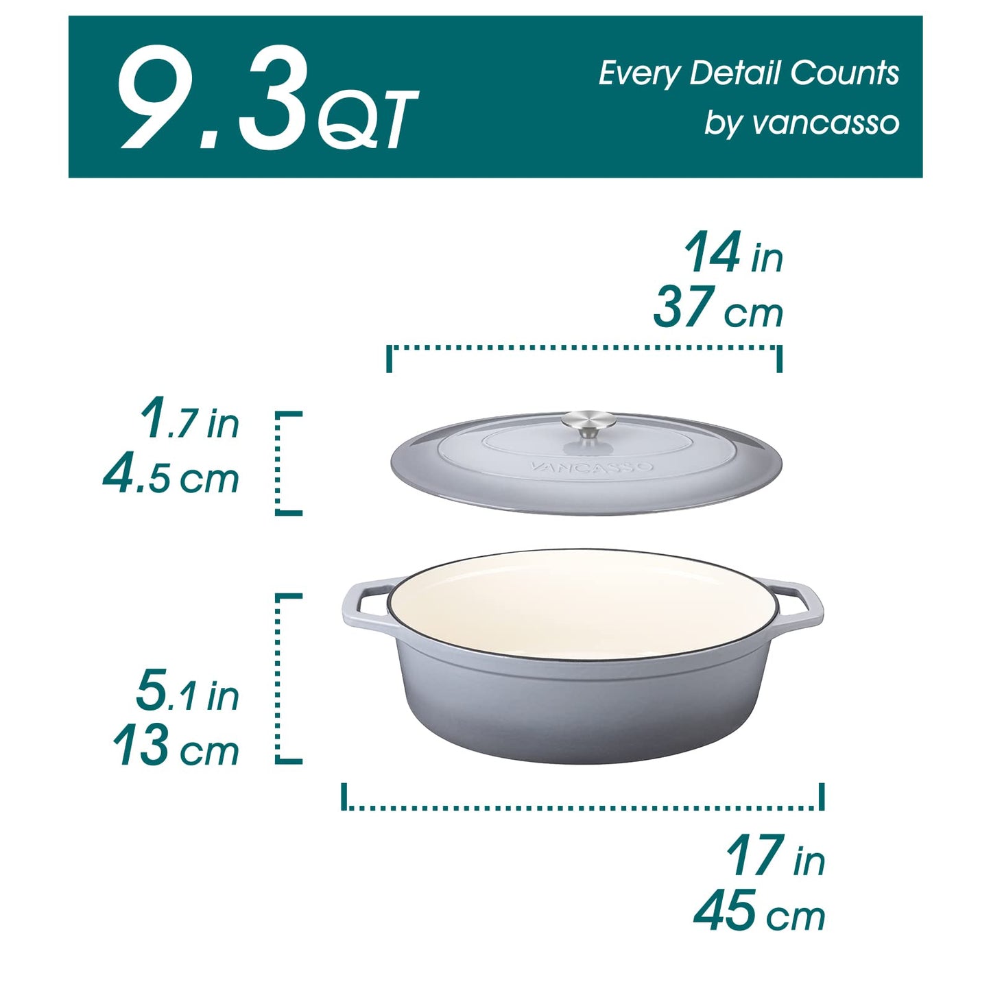 vancasso Enameled Cast Iron Dutch Oven, 9.3 Quart Dutch Oven Pot with Lid, Oval Dutch Oven Cast Iron Pot with Non Stick Enamel Coating for Bread Baking