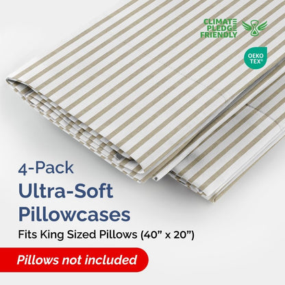 Skiennix King Pillow Cases Set of 4 - Ultra Soft Hotel Quality Covers - Wrinkle Free & Fade Resistant - Beige Stripes