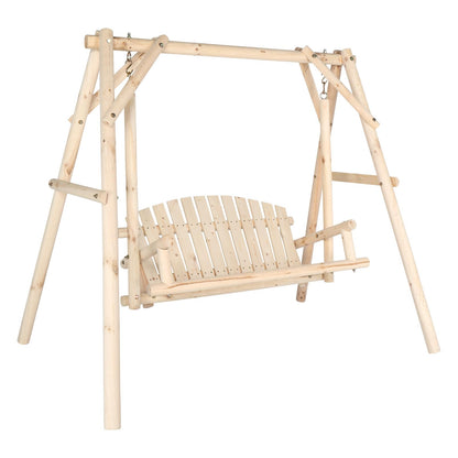 VINGLI Heavy Duty 880 LBS Wooden Patio Porch Swing with A-Frame Stand, Hanging Swing Bench Chair with Frame for Outside, Yard, Garden (Natural)