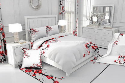 Japanese Duvet Cover King Size,Adult Women Spring Cherry Blossom Comforter Cover Asian Botanic Themed Pattern Fresh Organic Art Bedding Set, Branch of Red Flowers Decorative Bedspreads White Black