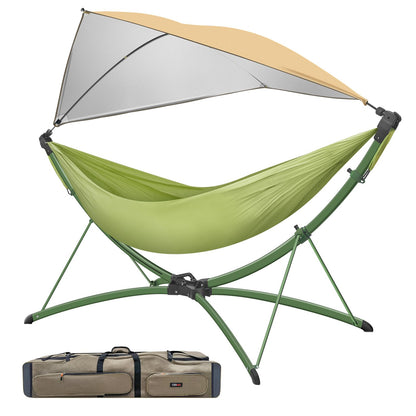 Portable Hammock with Quick Setup Folding Stand & Adjustable Sunshade Canopy & Storage Bag - Adult/Child Hammock Chair - Heavy Duty Hammock for Camping Home Garden Hotel Outside Beach Forest Grasslan