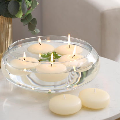 KNOURT 24 Pack Floating Candles, 3” Ivory Unscented Dripless Wax Burning Candles, for Weddings, Party, Cylinder Vases, and Home Decorations