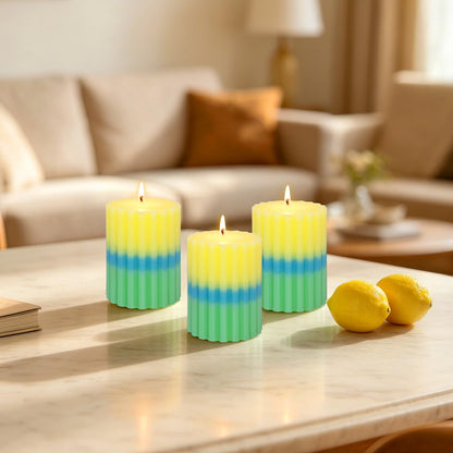 FLAVCHARM Ribbed Pillar Candles 3x4 Inch Lemon Scented Candles Long Lasting Burn Dripless Striped Pillar Candle 3 Pack Aesthetics Aromatherapy Candle for Home Party Summer Decoration Housewarming Gift