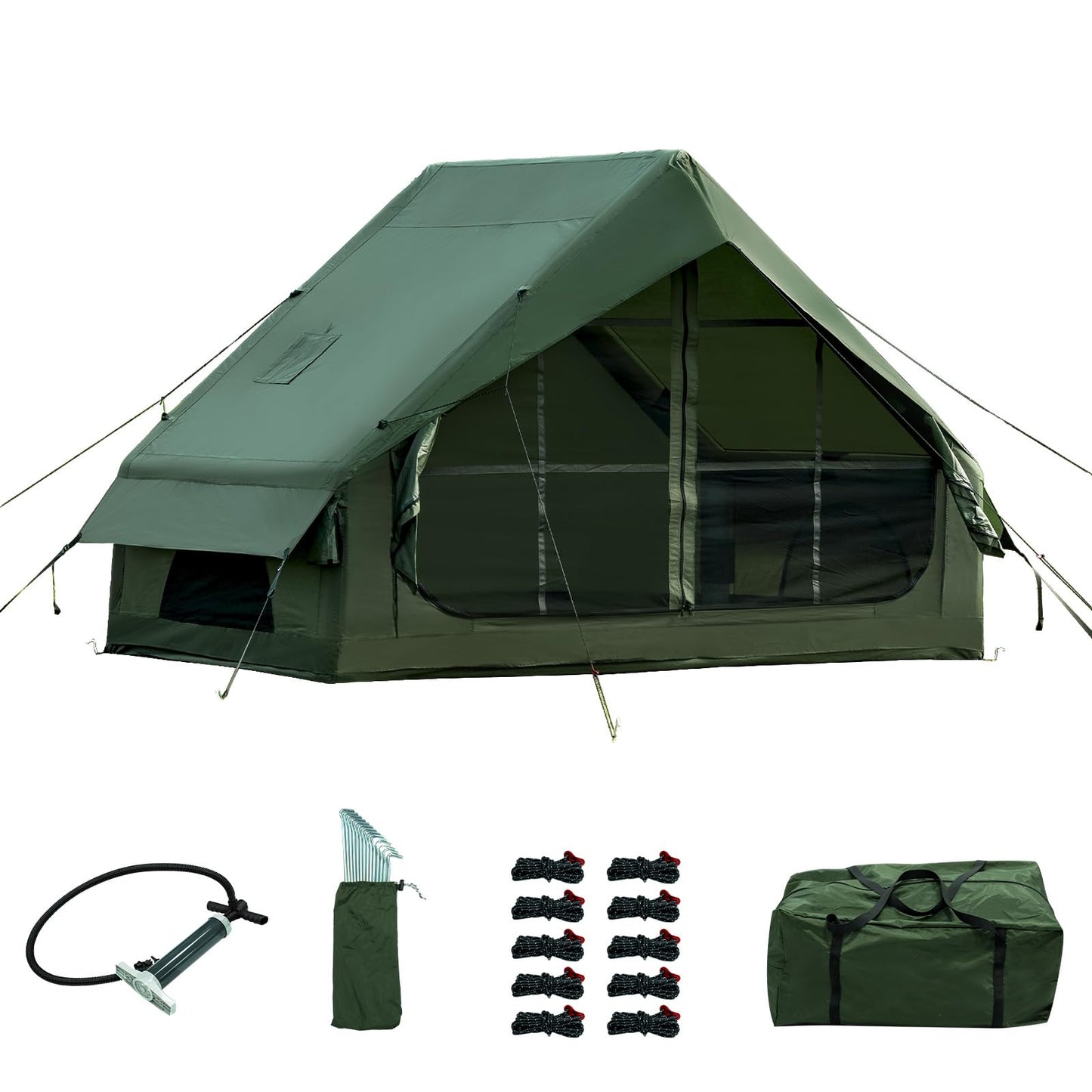 WaldZimmer 6sq Green Inflatable Camping Tent with Hand Pump Easy Setup Waterproof Windproof Outdoor Blow up Tent 3-4 Person Oxford 4 Season Glamping Air Tents Cabin House with Mesh Windows & Door