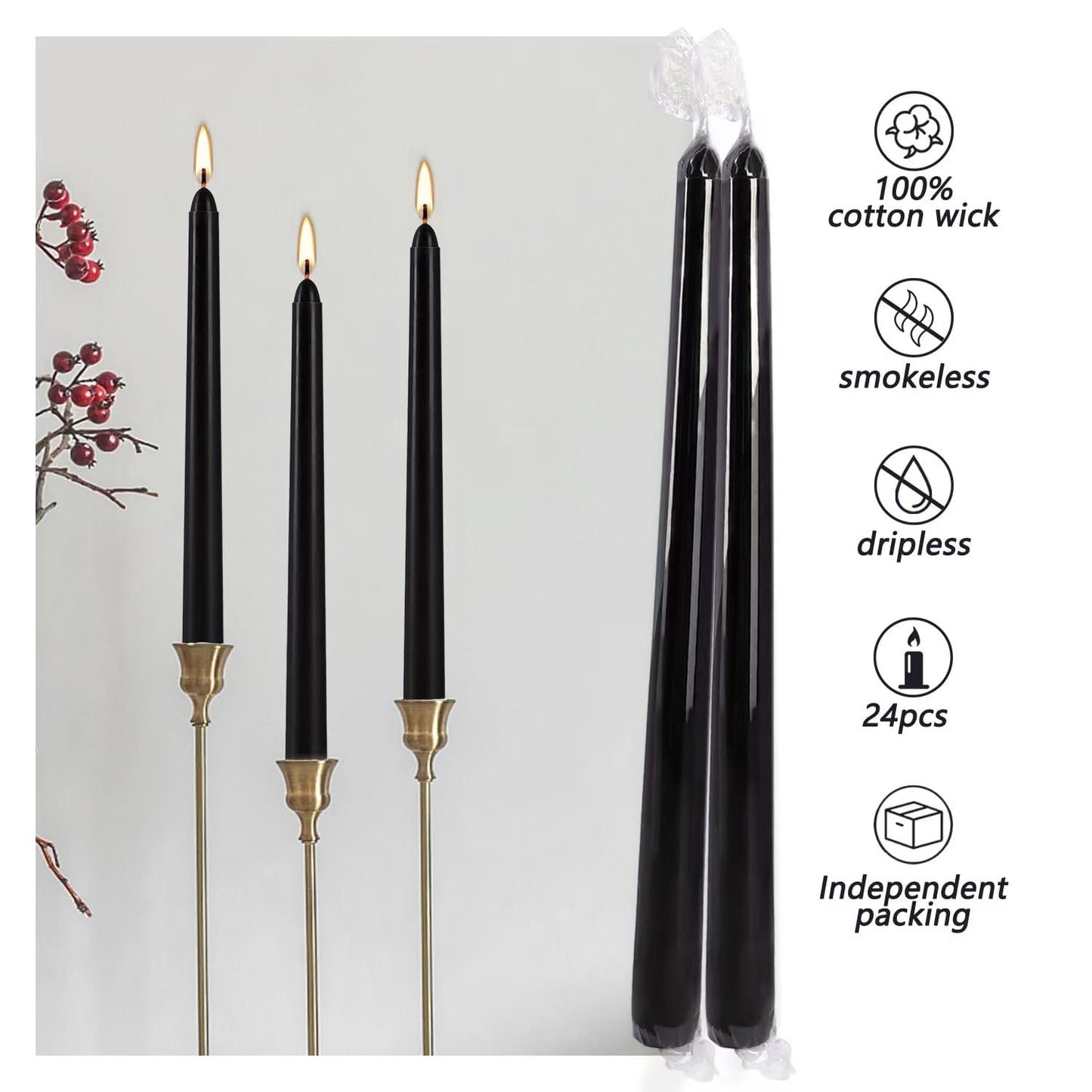 YOROXRG 24 Pack Black Taper Candles, 7-8 Hours Burn Time, Unscented, Smokeless and Dripless, 0.75 x 10 Inch Dinner Candle Set for Halloween, Household, Wedding, Party and Home Décor Candlesticks
