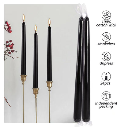 YOROXRG 24 Pack Black Taper Candles, 7-8 Hours Burn Time, Unscented, Smokeless and Dripless, 0.75 x 10 Inch Dinner Candle Set for Halloween, Household, Wedding, Party and Home Décor Candlesticks