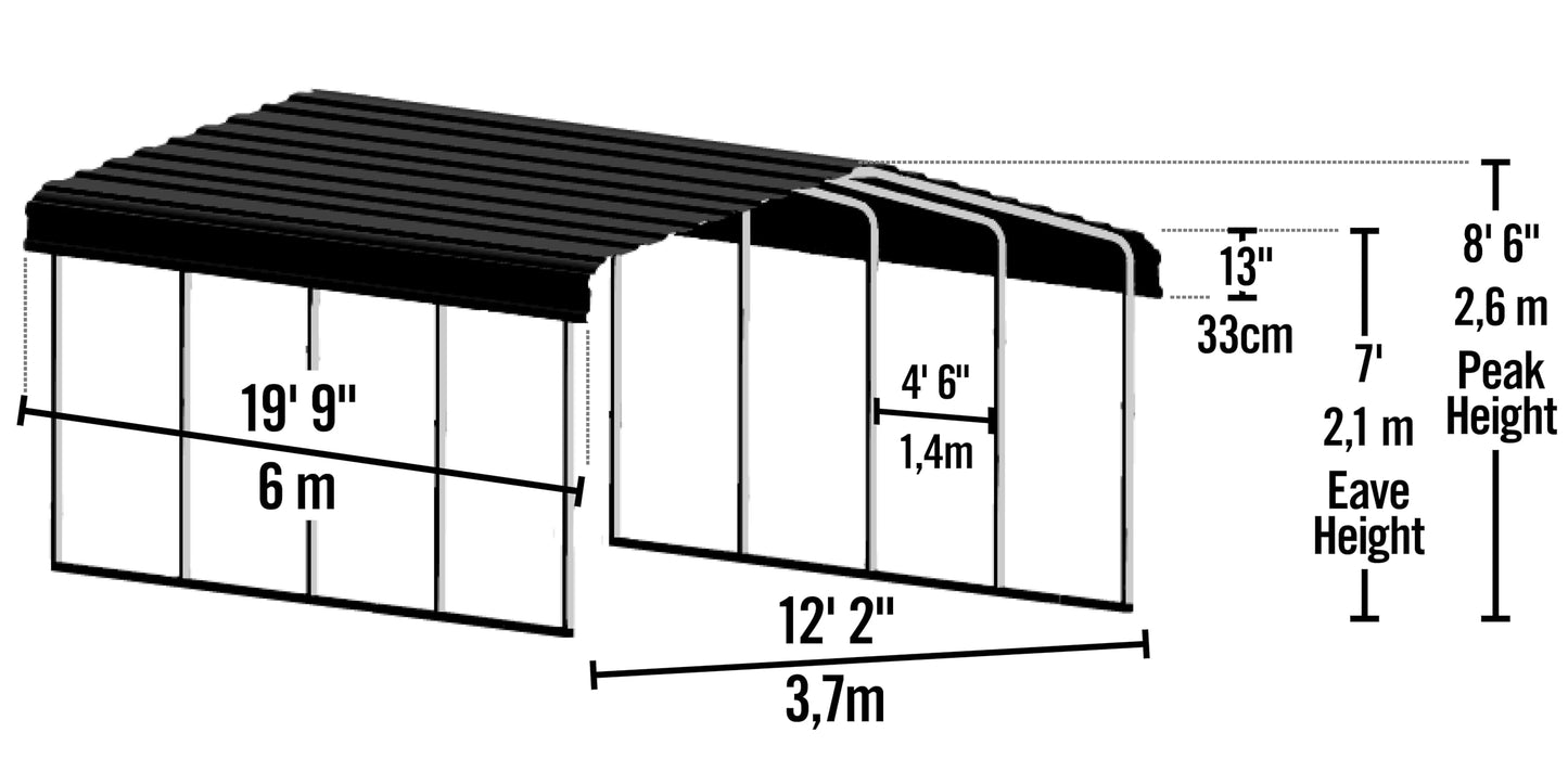 Arrow Shed 12 x 20 x 7-Foot Heavy Duty Galvanized Steel Metal Multi-Use Shelter, Shade, Carport, 12' x 20' x 7', Charcoal color