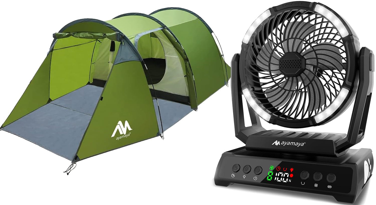 Camping Fan + Tunnel Tent, 20000mAh Rechargeable Fan with Remote, 3-4 Person Tent with Footprint for Bikepacking
