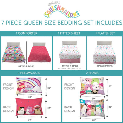 Franco Squishmallows Bedding Super Soft Comforter and Sheet Set with Sham, 7 Piece Queen Size