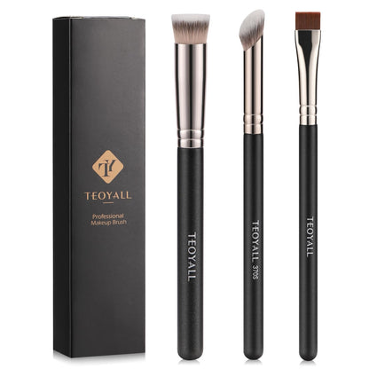 TEOYALL Foundation Contour Conceal Brush Set, 3PCS Angled Synthetic Kabuki Brush for Blending Setting Buffing with Liquid, Cream and Powder Cosmetic (170S/270S/370S)