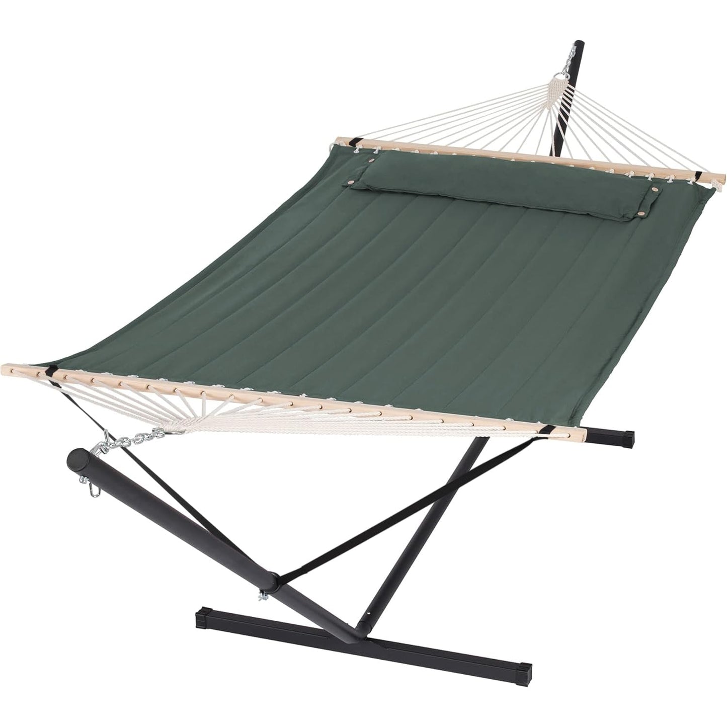 SUNCREAT Hammocks Extra Large Double Hammock with 12 ft Stand, 475lbs Capacity, Outdoor Portable Hammock with Hardwood Spreader Bar, Extra Large Pillow, Gray Green